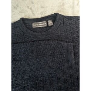 VTG David Taylor Sweater Mens 2XL Navy Blue Textured 3D Knit‎ Crewneck Made USA